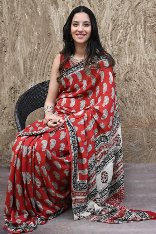 The ICH Bagru Statements : Hand Block Printed Modal Silk Saree - Geru Amiya