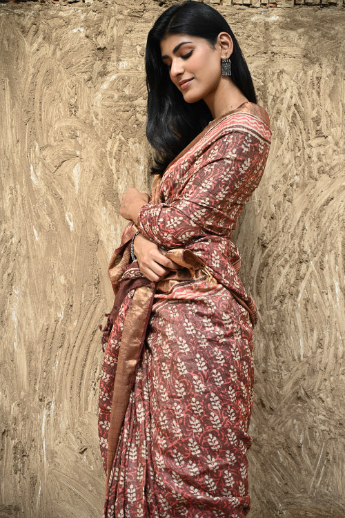 The ICH Dabu Vibes : Hand Block Printed Tussore Silk Saree - Gerua
