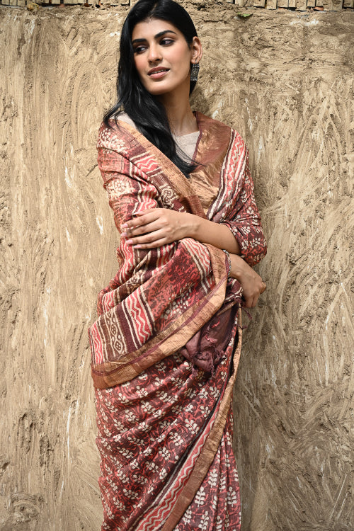 The ICH Dabu Vibes : Hand Block Printed Tussore Silk Saree - Gerua