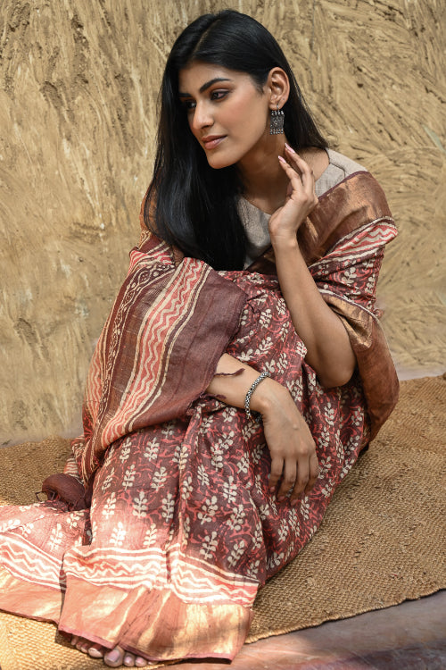 The ICH Dabu Vibes : Hand Block Printed Tussore Silk Saree - Gerua