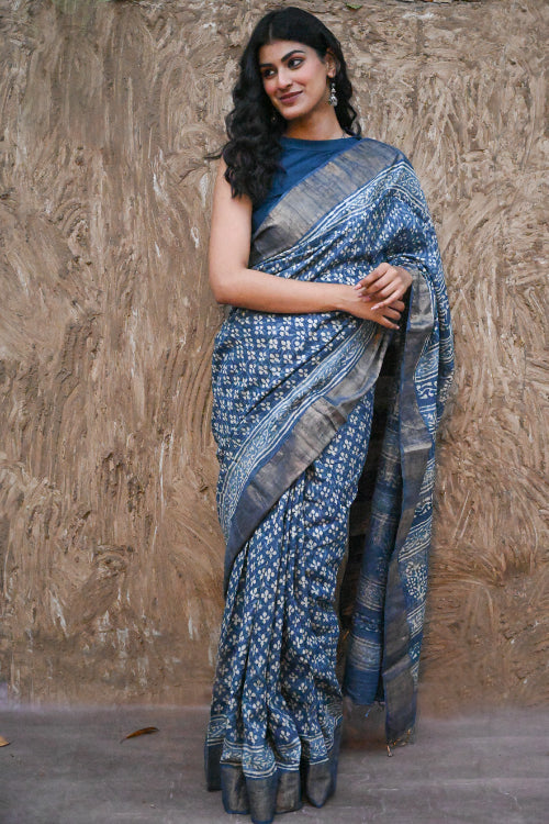 The ICH Dabu Vibes : Hand Block Printed Tussore Silk Saree - Neel Bhanwar