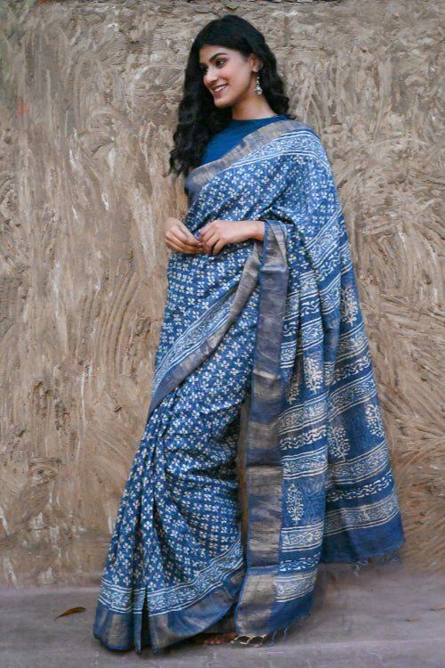 The ICH Dabu Vibes : Hand Block Printed Tussore Silk Saree - Neel Bhanwar