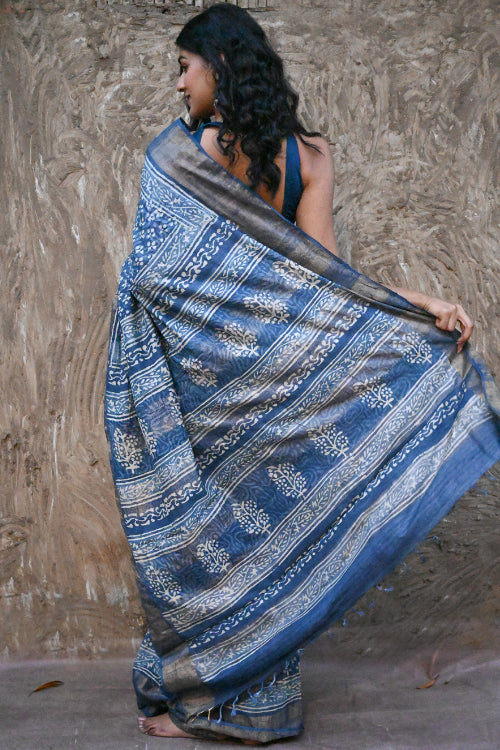The ICH Dabu Vibes : Hand Block Printed Tussore Silk Saree - Neel Bhanwar