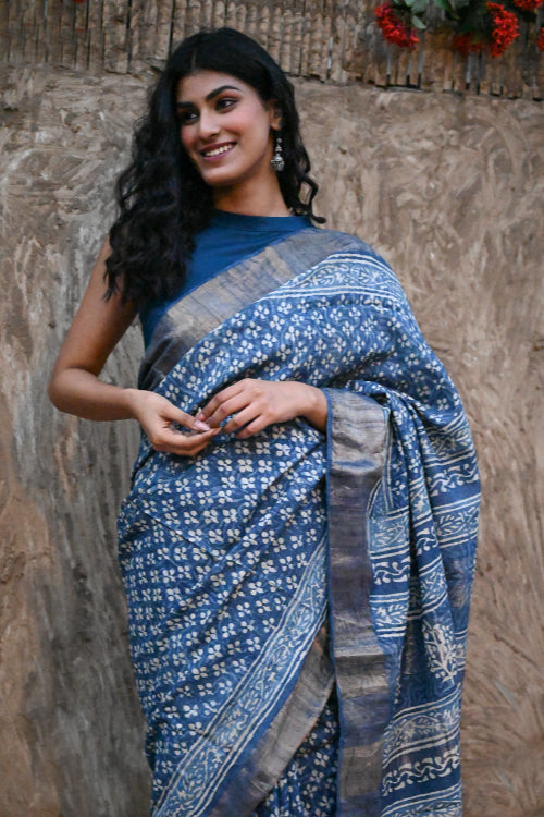 The ICH Dabu Vibes : Hand Block Printed Tussore Silk Saree - Neel Bhanwar