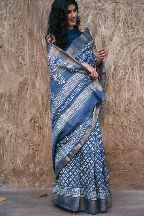 The ICH Dabu Vibes : Hand Block Printed Tussore Silk Saree - Neel Bhanwar