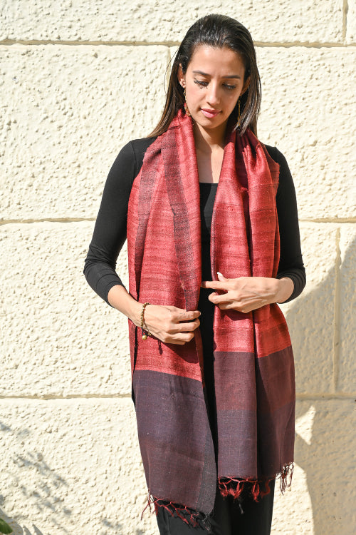 The ICH Exclusive Bhagalpur Tussar Silk Stole - Garnet Dusk