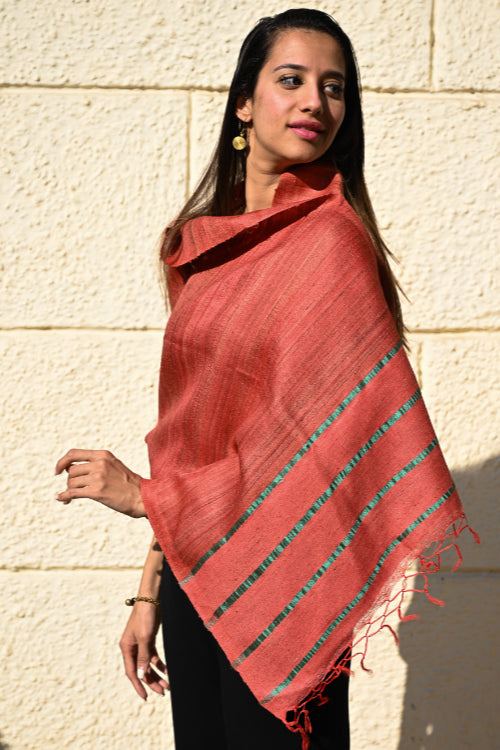 The ICH Exclusive Bhagalpur Tussar Silk Stole - Coral Sea