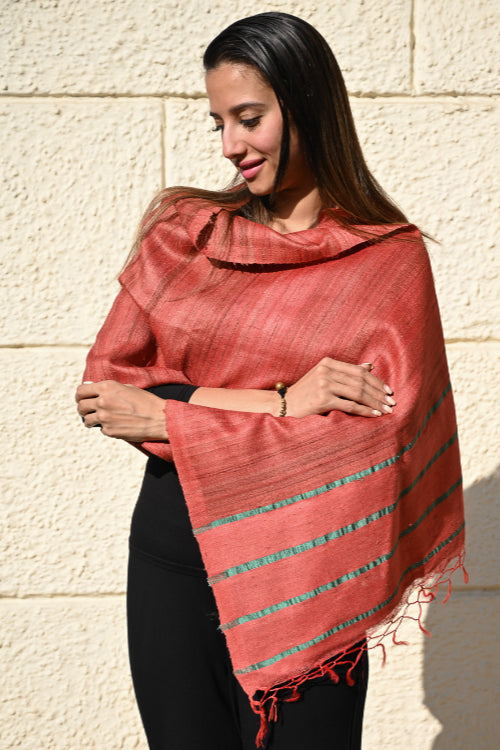 The ICH Exclusive Bhagalpur Tussar Silk Stole - Coral Sea