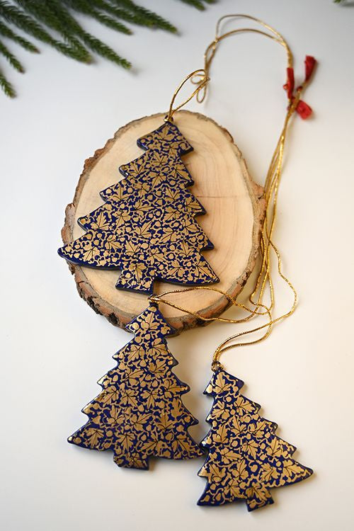 Kashmiri Art Xmas Decorations - Navy Chinar (Set Of 6)