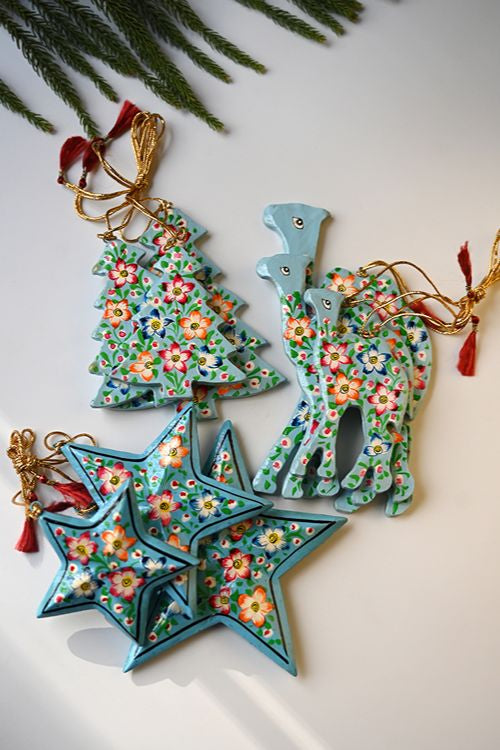 Kashmiri Art Xmas Decorations - Blue Medley (Set Of 9)