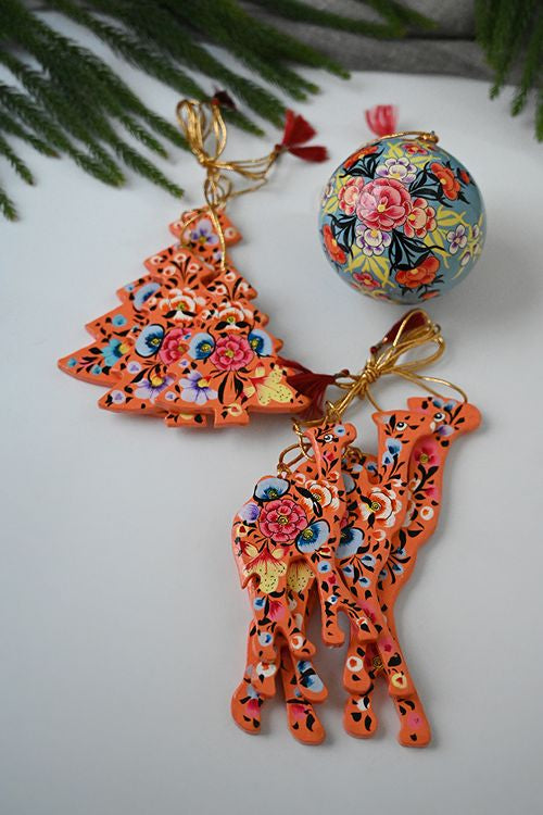 Kashmiri Art Xmas Decorations - Orange Florals (Set Of 13)