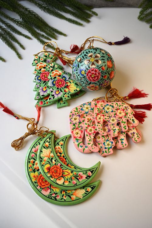 Kashmiri Art Xmas Decorations - Pink & Green Medley (Set Of 10)