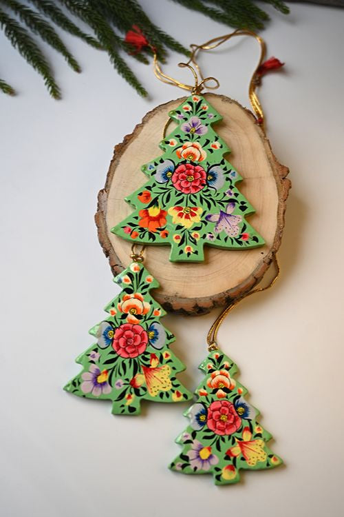 Kashmiri Art Xmas Decorations - Pink & Green Medley (Set Of 10)