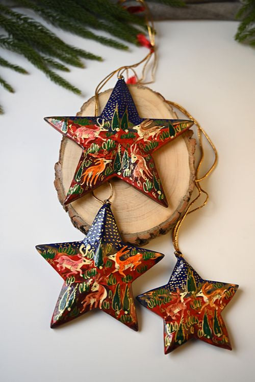 Kashmiri Art Xmas Decorations - Blue & Red Forests (Set Of 9)