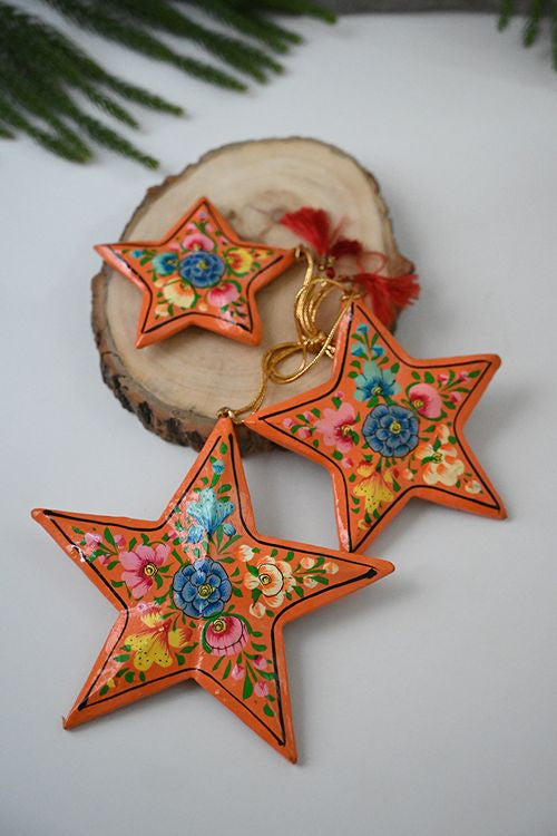 Kashmiri Art Xmas Decorations - Orange Florals (Set Of 13)