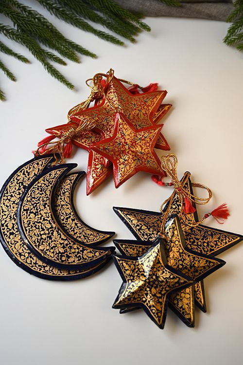 Kashmiri Art Xmas Decorations - Black & Gold Medley (Set Of 9)