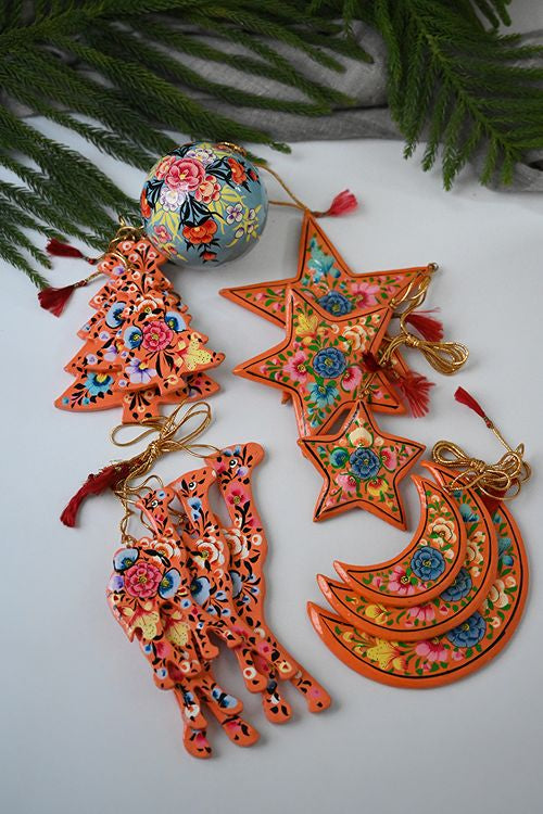 Kashmiri Art Xmas Decorations - Orange Florals (Set Of 13)