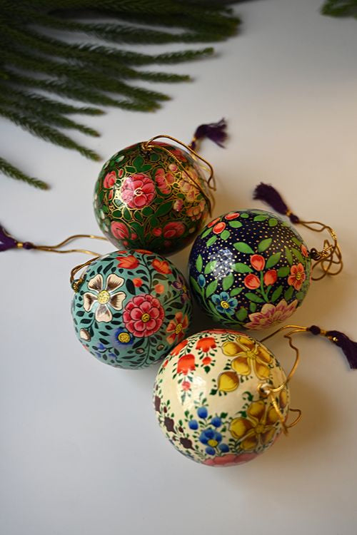 Kashmiri Art Xmas Decorations - Floral Baubles (Set Of 4)