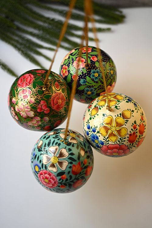 Kashmiri Art Xmas Decorations - Floral Baubles (Set Of 4)