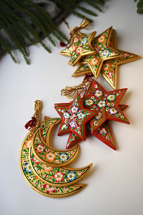 Kashmiri Art Xmas Decorations - Gold Stars (Set Of 9)