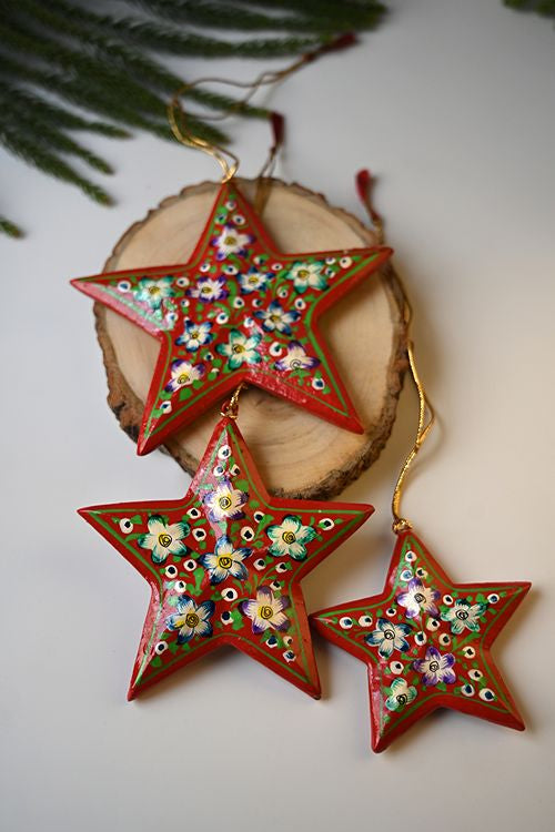 Kashmiri Art Xmas Decorations - Gold Stars (Set Of 9)