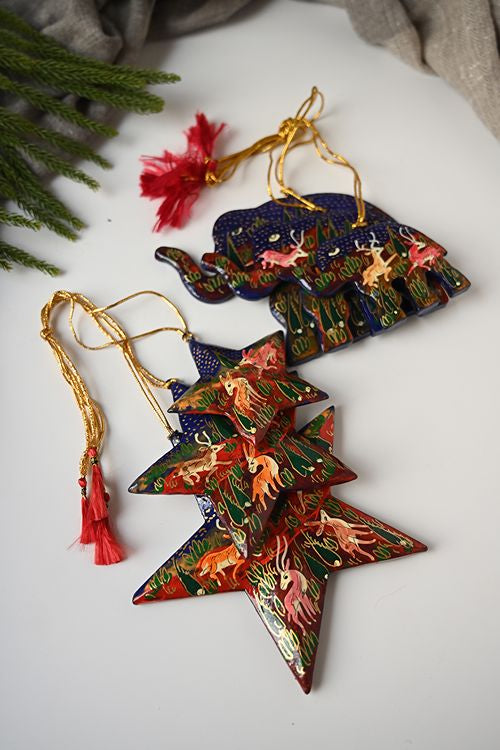 Kashmiri Art Xmas Decorations - Blue & Red Forests (Set Of 6)