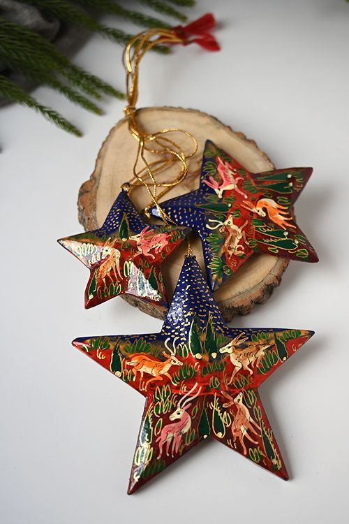 Kashmiri Art Xmas Decorations - Blue & Red Forests (Set Of 6)