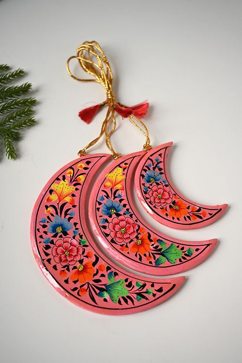 Kashmiri Art Xmas Decorations - Pink Ornaments (Set Of 9)