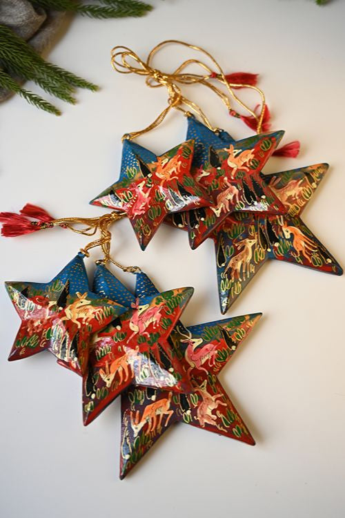 Kashmiri Art Xmas Decorations - Red & Blue Forests (Set Of 6)