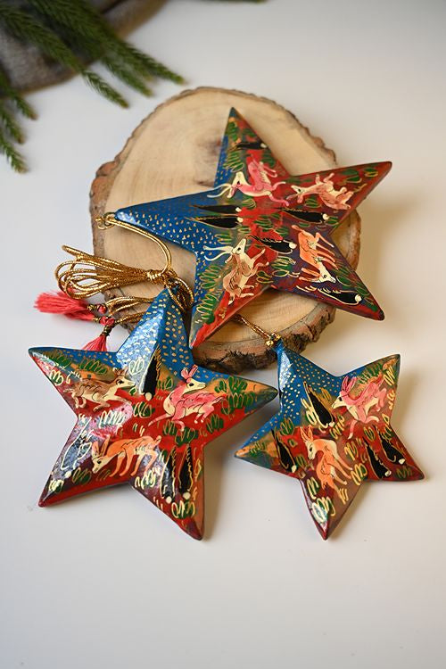 Kashmiri Art Xmas Decorations - Red & Blue Forests (Set Of 6)