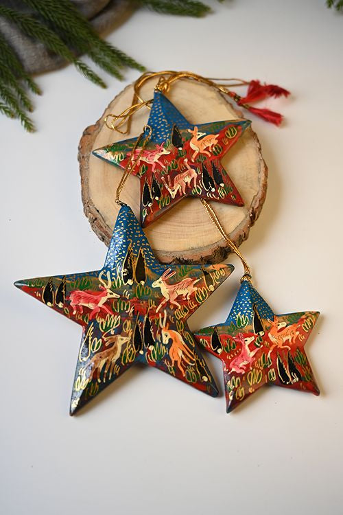 Kashmiri Art Xmas Decorations - Red & Blue Forests (Set Of 6)