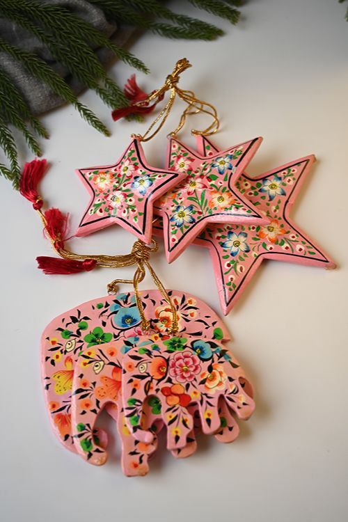 Kashmiri Art Xmas Decorations - Pink & Mauve Rhapsody (Set Of 12)