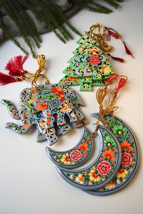 Kashmiri Art Xmas Decorations - Lavender & Green Medley (Set Of 9)