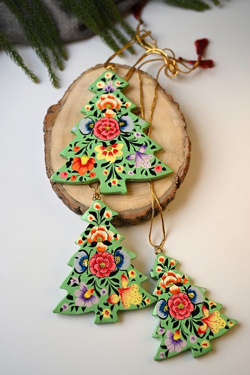 Kashmiri Art Xmas Decorations - Lavender & Green Medley (Set Of 9)