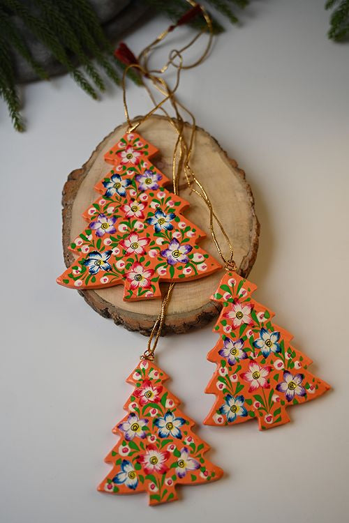 Kashmiri Art Xmas Decorations - Orange Flora (Set Of 9)