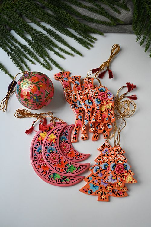 Kashmiri Art Xmas Decorations - Pink & Orange Flora (Set Of 9)