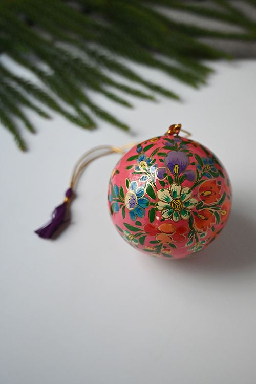 Kashmiri Art Xmas Decorations - Pink & Orange Flora (Set Of 9)