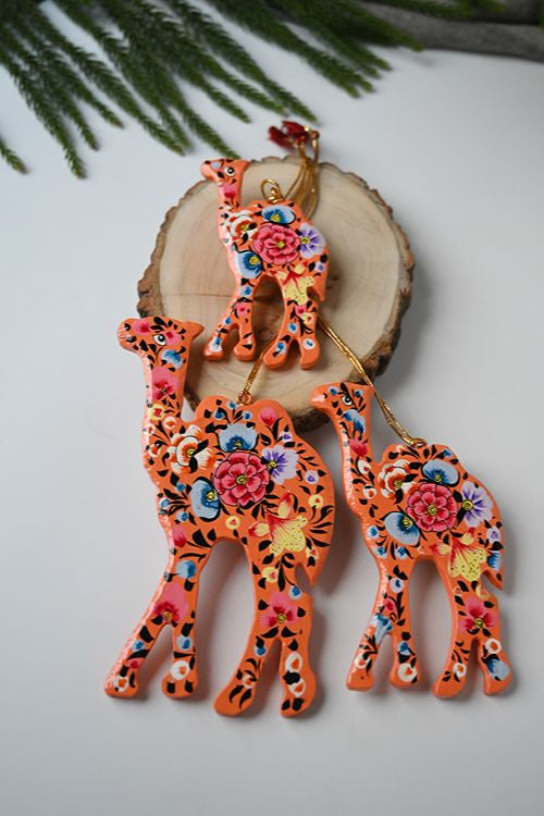 Kashmiri Art Xmas Decorations - Pink & Orange Flora (Set Of 9)