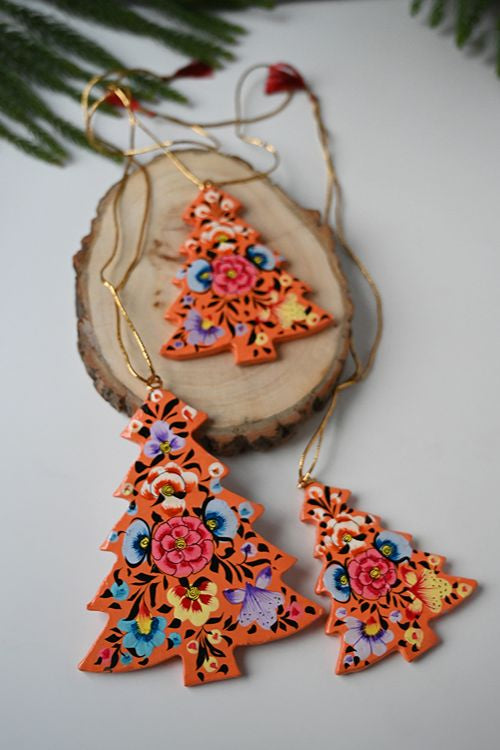 Kashmiri Art Xmas Decorations - Pink & Orange Flora (Set Of 9)