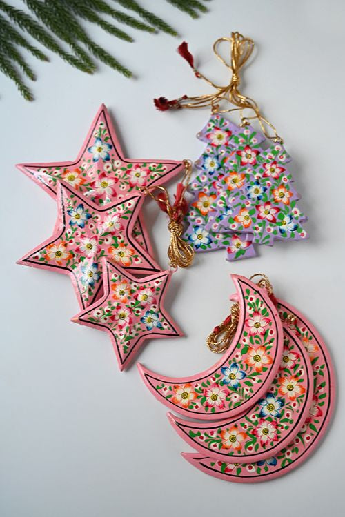 Kashmiri Art Xmas Decorations - Pink & Mauve Flora (Set Of 9)