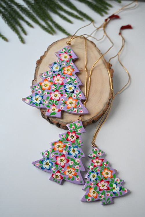 Kashmiri Art Xmas Decorations - Pink & Mauve Flora (Set Of 9)