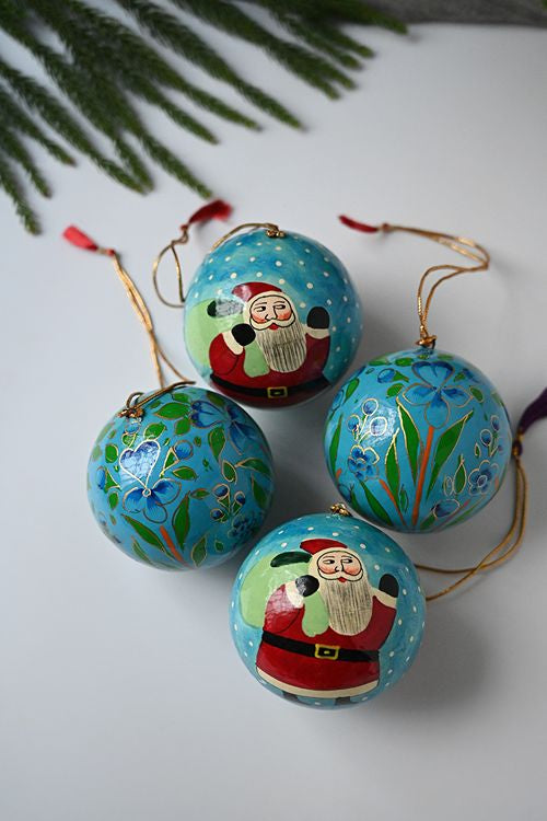 Kashmiri Art Xmas Decorations - Blue Baubles (Set Of 4)
