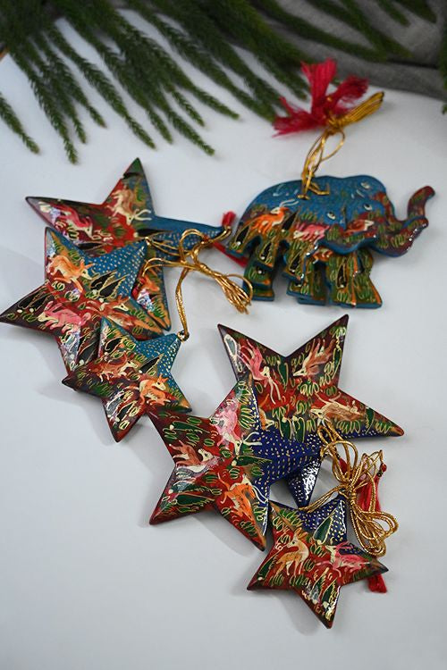 Kashmiri Art Xmas Decorations - Blue Red Forests (Set Of 9)