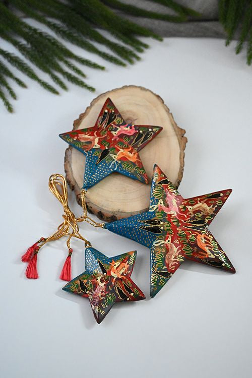 Kashmiri Art Xmas Decorations - Blue Red Forests (Set Of 9)
