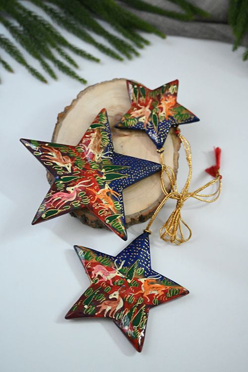 Kashmiri Art Xmas Decorations - Blue Red Forests (Set Of 9)