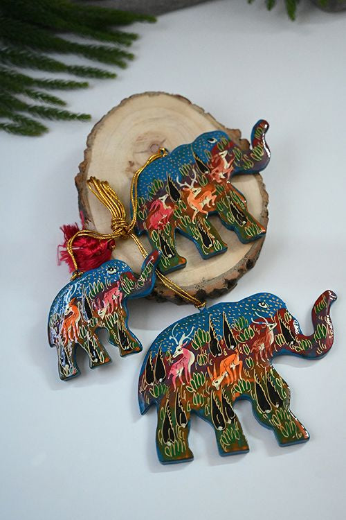 Kashmiri Art Xmas Decorations - Blue Red Forests (Set Of 9)
