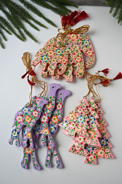 Kashmiri Art Xmas Decorations - Pink Flora (Set Of 9)