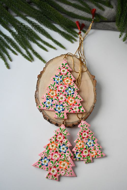 Kashmiri Art Xmas Decorations - Pink Flora (Set Of 9)