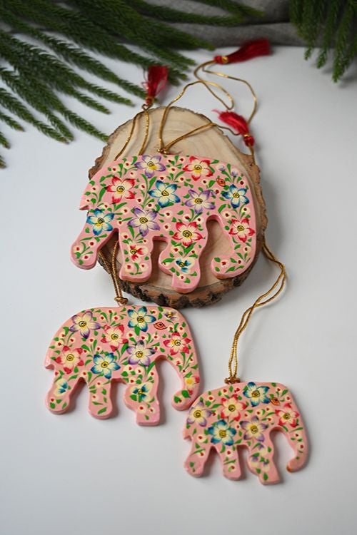 Kashmiri Art Xmas Decorations - Pink Flora (Set Of 9)