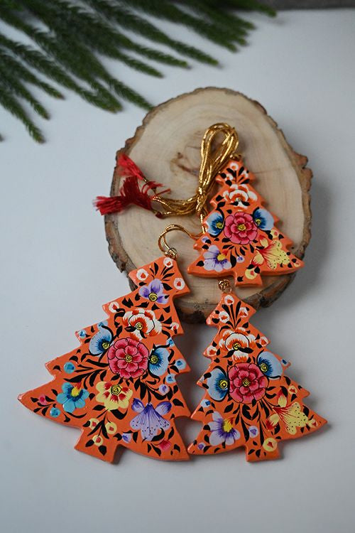 Kashmiri Art Xmas Decorations - Orange Flowers (Set Of 9)